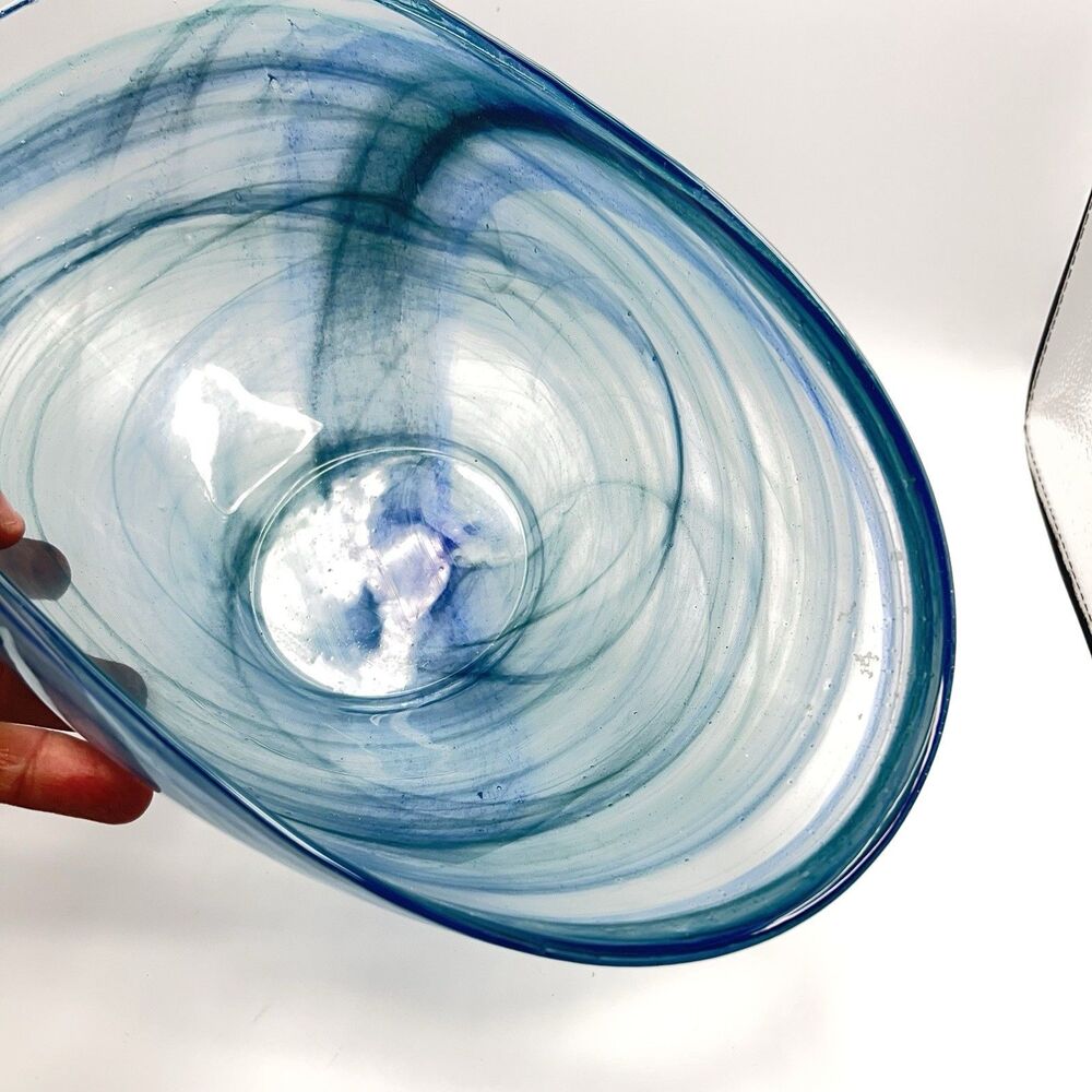 14"x7" Oval Blue Folded Satin Glass Bowl Lines Swirls - Picture 7 of 16